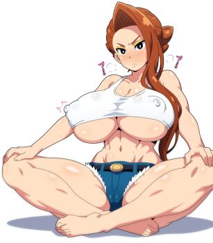 1girl absurdres alternate_breast_size_(larger) black_eyes blush breasts cameltoe cleavage closed_mouth commentary_request covered_erect_nipples cropped_shirt danball_senki danball_senki_wars full_body highres hitokiwa_kenchin huge_breasts indian_style long_hair looking_at_viewer makeup mito_reina navel orange_hair shirt simple_background sitting solo stomach toned toned_female white_background white_shirt