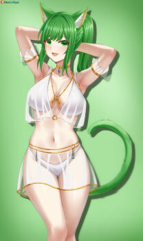 Rule 34 | 1girl, :d, absurdres, animal ear fluff, animal ears, armpits, arms behind head, arms up, artist name, bikini, blush, breasts, cat ears, cat girl, cat tail, choker, cleavage, collarbone, cowboy shot, female focus, gluteal fold, green background, green eyes, green hair, green tail, highres, jewelry, large breasts, long hair, looking at viewer, lori hagami, midriff, miqo'te, navel, o-ring, open mouth, original, panties, patreon username, ponytail, see-through clothes, see-through skirt, simple background, skirt, smile, solo, standing, stomach, swimsuit, tail, thigh gap, thighs, underwear, white bikini, white panties