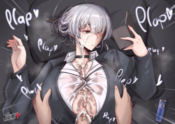 1boy 1girl absurdres bed breasts buttons choker cum ejaculation expressionless grey_eyes hair_bun highres huge_breasts itokonoue_kaoru large_breasts one_eye_covered open_collar paizuri plap project_kv reading sweater tetupong white_hair