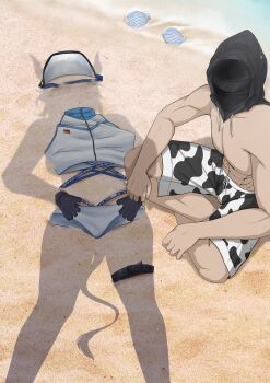 1boy 1girl abs animal_ears animal_print arknights baseball_cap beach bikini breasts bulge commentary commission cow_print cow_tail day detached_hood doctor_(arknights) dressed_shadow_(meme) english_commentary feet_out_of_frame gloves hat highres hood invisible lion_girl lion_tail male_doctor_(arknights) male_swimwear meme navel outdoors sand shadow shadyoaks_(lucknuts) short_hair sideroca_(arknights) sideroca_(light_breeze)_(arknights) sitting solo striped_bikini striped_clothes swimsuit tail thigh_strap virtual_youtuber white_bikini
