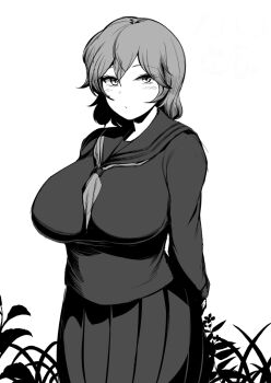 1girl alternate_costume blush breasts closed_mouth commentary_request cowboy_shot expressionless greyscale kazami_yuuka large_breasts long_sleeves looking_at_viewer monochrome neckerchief pleated_skirt sadahiro_(chicken_nugget_gyuuniku_aji) school_uniform serafuku shirt short_hair skirt solo touhou