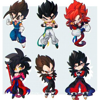 black_hair blue_eyes blue_sash chibi closed_mouth dougi dragon_ball dragon_ball_gt dragon_ball_heroes dragon_ball_super earrings gloves gogeta jewelry long_hair male_focus metamoran_vest monkey_boy monkey_tail multiple_boys muscular muscular_male ommmyoh open_mouth pants potara_earrings red_fur saiyan sash smile son_goku son_goku_(xeno) spiked_hair super_saiyan super_saiyan_4 tail time_patrol_(dragon_ball) twitter_username vegeta vegeta_(xeno) vegetto vegetto_(xeno)
