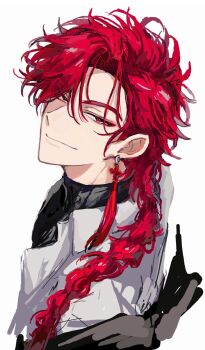 Rule 34 | 1boy, black coat, black gloves, black shirt, braid, braided ponytail, closed mouth, coat, coat on shoulders, collared shirt, cropped torso, earrings, eyeshadow, gloves, hair over one eye, hair over shoulder, half-closed eyes, highres, jewelry, long hair, looking at viewer, makeup, male focus, off shoulder, red eyes, red eyeshadow, red hair, shiguang dailiren, shirt, simple background, single braid, single earring, sketch, smile, solo, tassel, tassel earrings, turtleneck, tyoookozuki, undershirt, upper body, white background, white shirt, xiao weiying