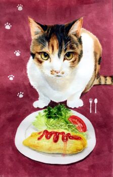 animal_focus cat commentary_request eating food food_focus highres ketchup looking_at_viewer marker_(medium) no_humans omelet omurice original paw_print plate red_background ruchi_(nxje5533) tomato tomato_slice traditional_media yellow_eyes