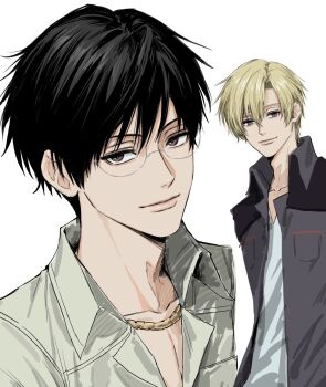 2boys black_hair black_shirt blonde_hair brown_eyes closed_mouth collarbone collared_shirt glasses grey_shirt highres jewelry lips looking_at_viewer male_focus multiple_boys necklace ootori_kyouya ouran_high_school_host_club parted_bangs pocket purple_eyes round_eyewear shirt short_hair simple_background sso_s suou_tamaki v-neck white_background white_shirt