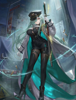 1girl black_boots black_dress black_hat black_pantyhose boots breasts bullet button_gap closed_mouth coat commentary_request dress gloves green_eyes green_hair hair_over_one_eye hand_up hat high_heel_boots high_heels highres holding holding_sword holding_weapon indoors large_breasts long_hair looking_at_viewer original pantyhose short_dress solo standing sword weapon white_coat white_gloves yizhibao
