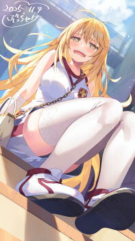 1girl absurdres bag blonde_hair breasts bucchake_(asami) commentary_request dated disheveled elbow_gloves exhausted gloves gym_shirt gym_shorts handbag highres large_breasts long_hair looking_at_viewer open_mouth outdoors school_emblem shirt shokuhou_misaki shorts sitting sleeveless sleeveless_shirt sparkling_eyes spider_web_print sweat thighhighs thighs toaru_kagaku_no_railgun toaru_kagaku_no_railgun_t toaru_majutsu_no_index tokiwadai_school_gym_uniform white_gloves white_shirt white_shorts white_thighhighs yellow_eyes