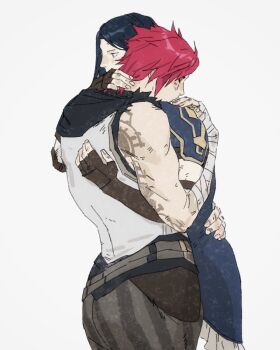 2girls arcane:_league_of_legends arcane_caitlyn arcane_vi arm_tattoo belt biceps black_hair blue_dress brown_pants caitlyn_(league_of_legends) cowboy_shot dress hand_on_another's_back hand_on_another's_neck hands_on_another's_back highres hug league_of_legends long_hair multiple_girls muscular muscular_female pants runhorserun shirt simple_background sleeveless sleeveless_shirt standing tattoo vi_(league_of_legends) white_background white_shirt yuri