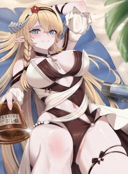 1girl absurdres arknights blonde_hair blush breasts hair_spread_out highres horns large_breasts long_hair mildt navel saileach_(arknights) saileach_(summer_flowers)_(arknights) solo stomach very_long_hair