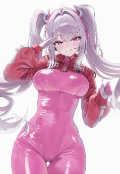 1girl absurdres alice_(nikke) animal_ear_headphones animal_ears arm_up bodysuit breasts cameltoe fake_animal_ears gloves goddess_of_victory:_nikke grin headphones headset highres hikimori_1 jacket large_breasts latex latex_bodysuit long_hair multicolored_gloves pink_bodysuit pink_eyes pink_gloves salute shrug_(clothing) smile twintails