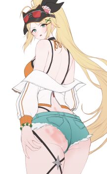 1girl absurdres ahoge aqua_eyes aqua_shorts ass back bare_shoulders bikini black_choker black_survival blonde_hair breasts choker commentary cowboy_shot cutoffs denim denim_shorts eternal_return:_black_survival eyewear_on_headwear from_behind frown gadeung_hye hair_ribbon highleg highres jacket large_breasts long_hair looking_at_viewer looking_back median_furrow micro_shorts midriff nicky_blake nicky_blake_(beachside) off_shoulder official_alternate_costume open_mouth orange_bikini ponytail ribbon shorts simple_background slap_mark solo spanked string_bikini swimsuit thighs v-shaped_eyebrows very_long_hair visor_cap white_background white_jacket