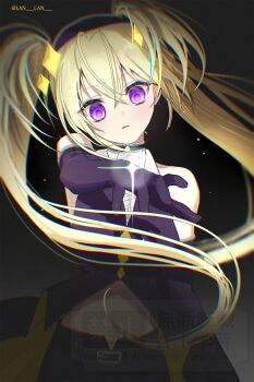 Rule 34 | 1girl, black gloves, blonde hair, choker, chromatic aberration, commentary request, dark jewel, elbow gloves, floating hair, gloves, hair between eyes, hairband, highres, hoshina utau, korean commentary, lan lan, magical girl, making-of available, outstretched arm, purple eyes, sash, shugo chara!, sidelocks, solo, sparkle, twintails, twitter username