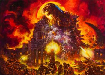 Rule 34 | aircraft, airplane, artillery, cadillac, cannon, car, castle bravo, city, death, destruction, dinosaur, energy, epic, explosion, fire, glowing, glowing spikes, godzilla, godzilla (1954 movie), godzilla (series), howitzer, howitzer m1, japan, japan ground self-defense force, japan self-defense force, kaiju, m114 howitzer, m24 chaffee, massey-harris, military, military vehicle, monster, motor vehicle, national diet building, official art, ohrai noriyoshi, operation castle, real world location, rock island arsenal, shrimp (thermonuclear bomb), symbolism, tank, toho, tokyo (city), war