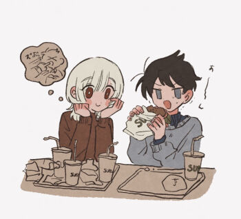 Rule 34 | > <, 2boys, akinashi haru, black hair, blue sweater, blush, brown sweater, cheek poking, collared shirt, commentary request, cup, eating, finger in another's mouth, food, food wrapper, hands on own cheeks, hands on own face, long sleeves, looking at another, male focus, multiple boys, poking, ruuya1124, saihate eki, sandwich, shirt, short hair, smile, speech bubble, staring, subway, sweat, sweater, tatsunami shion, thought bubble, white hair