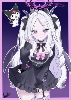 1girl absurdres ahoge alternate_costume alternate_hairstyle aurelia88 black_bow black_bowtie black_halo black_horns blue_archive blush border bow bowtie closed_mouth commentary cowboy_shot demon_girl demon_horns demon_wings dress dress_bow eyelashes forehead frilled_dress frilled_sleeves frills frown gothic_lolita hair_bow halo hand_up highres hina_(blue_archive) horns lolita_fashion long_hair long_sleeves looking_at_viewer multiple_horns outline outside_border parted_bangs pink_border pink_bow puffy_long_sleeves puffy_sleeves purple_background purple_bow purple_eyes purple_thighhighs short_dress sidelocks signature simple_background single_hair_intake sleeve_bow solo thighhighs tsurime two_side_up very_long_hair white_dress white_hair white_outline wings zettai_ryouiki