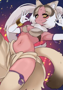 1girl animal_ears bindi breasts brown_hair closed_mouth dark-skinned_female dark_skin elbow_gloves fang fiery_background fire fur_collar gloves high_ponytail highres illu_(illu_stratos) indian_wolf_(kemono_friends) kemono_friends kemono_friends_3 long_hair looking_at_viewer multicolored_hair navel ponytail smile solo spotted_hair tail thighhighs white_hair wolf_ears wolf_girl wolf_tail yellow_eyes