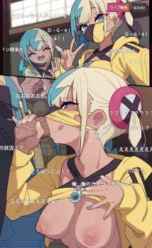2girls absurdres black_hair black_mask blonde_hair blue_eyes blue_hair blue_nails blush breasts canari_(pokemon) closed_eyes clothes_lift covered_mouth fellatio fingernails futanari handjob highres hood hoodie indoors kakure_eria livestream long_hair long_sleeves mask mask_lift medium_breasts mouth_mask multicolored_hair multiple_girls nail_polish nintendo nipples open_clothes open_hoodie oral penis pokemon pokemon_legends:_z-a solo_focus split-color_clothes split-color_hair strapless teeth translation_request tube_top tube_top_lift twintails uncensored upper_body upper_teeth_only v veins veiny_penis window yellow_hoodie yellow_mask yellow_nails yellow_tube_top zipper