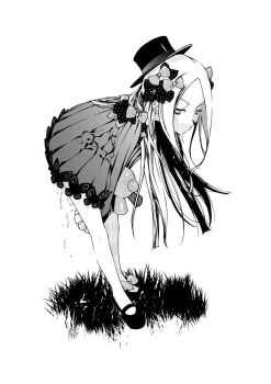 1girl abigail_williams_(fate) bloomers bow commentary_request dress dripping fate/grand_order fate_(series) full_body grass greyscale hair_bow hat kuromasa_shisei leaning_forward long_hair looking_at_viewer monochrome solo stuffed_animal stuffed_toy suggestive_fluid teddy_bear underwear