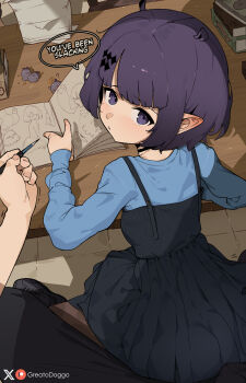 1girl ? aged_down alternate_costume artist_name black_choker black_dress black_pants black_shoes blue_shirt book choker closed_mouth commentary desk drawing_(object) dress english_text greatodoggo hair_ornament halo highres holding holding_pencil hololive hololive_english light_blush loli long_sleeves looking_at_viewer mole mole_under_eye ninomae_ina&#039;nis notebook pants paper_stack patreon_logo pencil pleated_dress pointing pointy_ears pov purple_eyes purple_hair school_desk shirt shoes short_hair sitting solo_focus speech_bubble symbol-only_commentary takodachi_(ninomae_ina&#039;nis) traditional_halo trembling twitter_x_logo virtual_youtuber yellow_halo