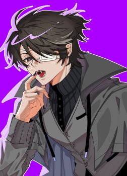 1boy ahoge black_nails black_shirt brown_eyes brown_hair buttons cheese_hr commentary english_commentary eyepatch fangs hair_between_eyes hair_over_one_eye half_updo hand_up high_collar highres identity_v jacket long_sleeves luca_balsa luca_balsa_(oph.luca) male_focus medical_eyepatch multicolored_hair open_mouth ponytail purple_background ribbed_shirt shirt sidelocks solo streaked_hair string turtleneck