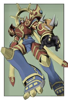 armor blue_armor border digimon digimon_(creature) full_body green_background highres mas_square red_armor simple_background solo susanoomon white_border