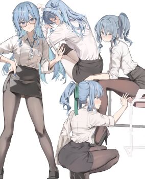 1girl absurdres alternate_costume alternate_hairstyle ass bag black_pantyhose blue_eyes blue_hair blue_nails collared_shirt glasses hair_bun hair_ribbon hand_on_own_hip highres hololive hoshimachi_suisei id_card long_hair looking_at_viewer multiple_views office_lady one_eye_closed pantyhose pantylines pencil_skirt ponytail removing_legwear ribbon ruler scarlet_(wv0102) shirt shirt_tucked_in shoulder_bag simple_background single_side_bun sitting skirt squatting virtual_youtuber white_background white_shirt