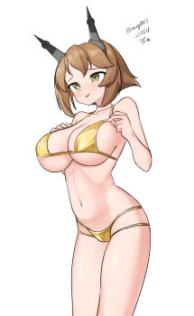 Rule 34 | 1girl, absurdres, bikini, breasts, brown hair, commentary request, covered navel, dated, gold bikini, green eyes, hairband, highres, kantai collection, large breasts, lowleg, lowleg bikini, maru (marg0613), multi-strapped bikini bottom, mutsu (kancolle), one-hour drawing challenge, radio antenna, short hair, simple background, solo, standing, swimsuit, twitter username, white background
