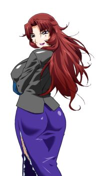 1girl akanejima_ranga ass back blazer breasts brown_hair casual crossed_arms eyeshadow formal_clothes from_behind game_cg gan-chan_(artist) hitozuma_sentai_aisaiger jacket large_breasts large_variant_set light_smile lipstick long_hair long_skirt looking_at_viewer looking_back makeup mature_female mole mole_under_eye naughty_face non-web_source official_art parted_bangs pencil_skirt purple_eyes purple_lips red_hair shiny_clothes side_slit skirt skirt_suit smile solo standing suit transparent_background variant_set wide_hips