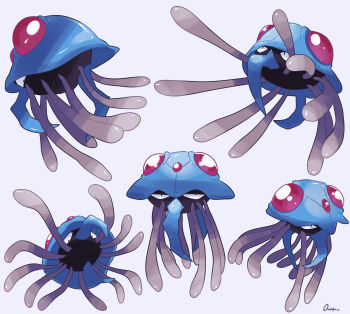 absurdres black_eyes commentary_request full_body gen_1_pokemon grey_background highres multiple_views nintendo no_humans ouran pokemon pokemon_(creature) signature simple_background tentacles tentacruel