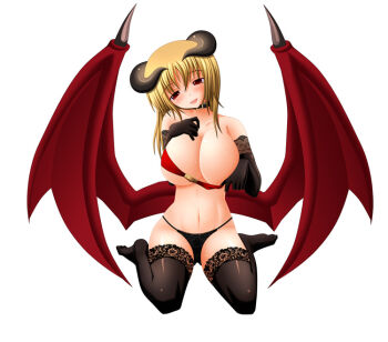 1girl :d bad_id bandeau bandeau_pull bare_shoulders bat_wings black_choker black_horns black_panties black_thighhighs blonde_hair breasts choker clothes_pull collarbone demon_girl demon_horns full_body groin hair_between_eyes head_tilt horns large_breasts long_hair midriff navel open_mouth panties ragnarok_online red_bandeau red_eyes red_wings sima_(yggdrasil) simple_background sitting smile solo succubus_(ragnarok_online) sweat thighhighs underwear wariza white_background wings