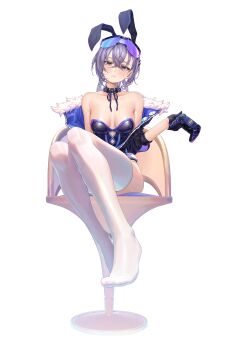 1girl absurdres alternate_costume animal_ear_hairband animal_ears bare_shoulders black_choker black_gloves black_jacket black_leotard breasts chair choker closed_mouth collarbone controller eyewear_on_head fake_animal_ears game_controller gloves grey_eyes grey_hair hairband highres holding holding_controller holding_game_controller honkai:_star_rail honkai_(series) jacket leotard looking_at_viewer medium_breasts nanaomi_(ryniix) no_shoes on_chair playstation_controller ps5_controller purple-tinted_eyewear rabbit_ear_hairband rabbit_ears silver_wolf_(honkai:_star_rail) sitting solo strapless strapless_leotard thighhighs tinted_eyewear white_background white_thighhighs