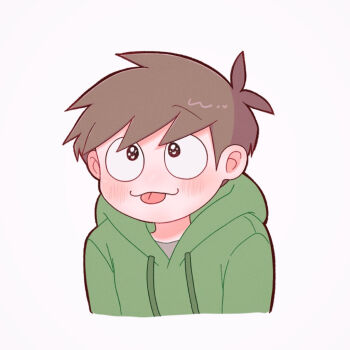 Rule 34 | 1boy, :3, antenna hair, blush, brown hair, commentary request, cropped torso, drawstring, edd (eddsworld), eddsworld, green hoodie, grey shirt, hood, hood down, hoodie, long sleeves, looking at viewer, looking up, male focus, mau (edd tom), pleading eyes, shirt, short hair, simple background, smile, solo, sparkling eyes, swept bangs, tongue, tongue out, white background