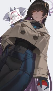 1girl absurdres black_hair blue_archive bodysuit breasts buttons colored_inner_hair creature dark-skinned_female dark_skin doodle_sensei_(blue_archive) espurr from_below gen_6_pokemon gloves gong_dol_hong highres karin_(blue_archive) large_breasts long_hair looking_at_viewer multicolored_hair nintendo parted_lips pokemon pokemon_(creature) purple_hair sensei_(blue_archive) simple_background solo standing teeth white_background yellow_eyes