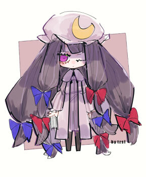 Rule 34 | black leggings, bow, chibi, commentary, crescent, crescent hat ornament, hair bow, hair ribbon, hat, hat ornament, leggings, long hair, mob cap, multiple hair bows, one eye closed, patchouli knowledge, pink background, pink hat, pink robe, purple eyes, ribbon, robe, signature, standing, symbol-only commentary, touhou, tsuru (nekopanchi), very long hair, white background