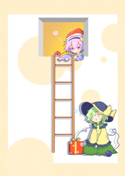 2girls black_hairband black_hat box closed_eyes closed_mouth collared_shirt commentary daia_(daia9132) frilled_shirt_collar frilled_sleeves frills gift gift_box green_skirt hair_ornament hairband hat hat_ribbon heart heart_hair_ornament heart_of_string komeiji_koishi komeiji_satori ladder long_sleeves multiple_girls open_mouth purple_eyes purple_hair red_hat ribbon santa_hat shirt short_hair siblings sisters skirt sleeping squeans third_eye touhou yellow_shirt