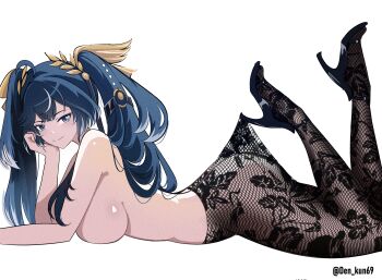 1girl absurdres ahoge black_shoes blue_eyes blue_hair breasts closed_mouth commentary den_kun69 english_commentary from_side head_rest high-waist_pantyhose high_heels highres hooked_on_heel iuno_(wuthering_waves) lace_pantyhose lace_pantyhose_hooked_on_heel_(meme) large_breasts laurel_crown looking_at_viewer looking_to_the_side lying meme multicolored_hair no_panties on_stomach pantyhose shoes simple_background smile solo streaked_hair the_pose topless_female twintails twitter_username white_background wuthering_waves
