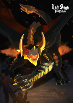 3boys black_background commentary_request copyright_name dragon faceless faceless_male facing_viewer fleeing highres horns multiple_boys open_mouth pixiv_fantasia pixiv_fantasia_last_saga xing_pix