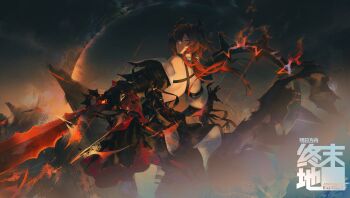 Rule 34 | 1girl, absurdres, arknights, arknights: endfield, backless dress, backless outfit, bare shoulders, black dress, black horns, copyright logo, demon girl, demon horns, detached sleeves, dress, forgeborn scathe (arknights), hair between eyes, hair intakes, highres, holding, holding sword, holding weapon, horns, kyoko (toran0k0), laevatain (arknights), logo, purple eyes, red hair, sideless dress, solo, surtr (arknights), sword, weapon