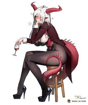 1girl absurdres ahoge alcohol artist_name black_leotard black_pantyhose black_shoes blush breasts closed_mouth cup demon_girl demon_horns demon_tail double-parted_bangs drinking_glass drunk eyes_visible_through_hair facial_mark forehead full_body hand_on_own_cheek hand_on_own_face high_heels highleg highleg_leotard highres holding holding_cup horns jacket knees_together_feet_apart large_breasts leaning_forward leotard long_hair long_sleeves nisp_art nose_blush open_clothes open_jacket original pantyhose platform_heels pointy_ears red_horns red_jacket red_sleeves sagging_breasts shadow shoes simple_background sitting solo spikes strapless strapless_leotard tail tailcoat thighs tipsy white_background white_hair wine wine_glass wooden_stool yellow_eyes