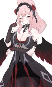 Rule 34 | 1girl, absurdres, arm under breasts, arm warmers, bare shoulders, black dress, black skirt, black survival, blue eyes, breasts, brown pantyhose, charlotte (black survival), charlotte (crimson curse) (black survival), cleavage, closed mouth, commentary, cowboy shot, detached collar, dress, eternal return: black survival, feathered wings, flower, gadeung hye, hair flower, hair ornament, hand up, headdress, high ponytail, highres, large breasts, long hair, looking at viewer, official alternate costume, pantyhose, pink hair, ponytail, red flower, rose, simple background, skirt, smile, solo, strapless, strapless dress, white background, wings