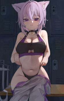 1girl absurdres animal_collar animal_ears bench black_bra black_collar black_pants bra breasts cat_cutout cat_ears cat_girl cleavage closed_mouth clothing_cutout collar crossed_bangs grey_pants hair_between_eyes highres hololive large_breasts locker locker_room medium_breasts navel nekomata_okayu pants pitespear pout purple_eyes purple_hair sitting solo underwear virtual_youtuber