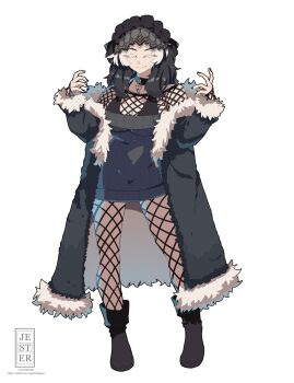 1girl ankle_boots black_boots black_choker black_coat black_hair boots breasts choker cleavage closed_eyes closed_mouth coat dress facing_viewer fishnet_pantyhose fishnets full_body fur-trimmed_coat fur_trim grey_eyes hands_up highres jesternalagon long_hair long_sleeves off_shoulder open_clothes open_coat original pantyhose simple_background sleeveless smile solo standing sweater sweater_dress white_background white_hair