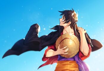 1boy a28841434 black_coat black_hair coat coat_on_shoulders commentary hashtag-only_commentary hat highres holding holding_unworn_clothes holding_unworn_hat looking_to_the_side male_focus monkey_d._luffy one_piece orange_shirt purple_sash red_shirt sash scar scar_on_face shirt short_hair solo straw_hat symbol-only_commentary unworn_hat unworn_headwear