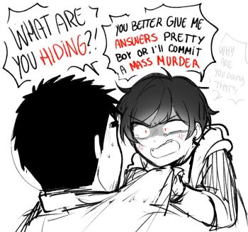 1boy 1other anger_vein artist_self-insert black_hair clothes_grab commentary english_commentary english_text panqlao salaryman senpai_ga_uzai_kouhai_no_hanashi shirt_grab short_hair takeda_harumi tearing_up