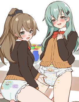 2girls aqua_hair blazer blush bow bowtie brcl7777 brown_hair brown_jacket cardigan choppy_bangs collared_shirt commentary_request commission diaper elmo fingering fingering_through_clothes hand_on_own_chest hand_up jacket kantai_collection kneeling kumano_(kancolle) looking_at_viewer looking_to_the_side motion_lines multiple_girls no_pants open_clothes open_jacket open_mouth print_diaper raised_inner_eyebrows red_bow red_bowtie school_uniform sesame_street shirt simple_background sitting skeb_commission smile sound_effects suzuya_(kancolle) through_clothes turning_head variant_set white_background white_shirt yellow_cardigan yuri