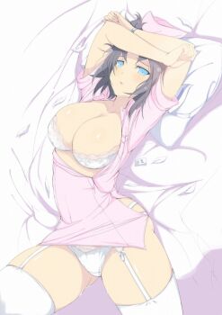Rule 34 | 1girl, :o, blue eyes, blush, body blush, bow, bra, bracelet, breasts, cleavage, collarbone, dress, garter straps, grey hair, hair bow, hat, jewelry, lace, lace-trimmed bra, lace-trimmed panties, lace trim, large breasts, looking at viewer, lying, nurse, nurse cap, on back, on bed, open mouth, panties, pillow, pink dress, senran kagura, senran kagura shinovi versus, shiny skin, short hair, short sleeves, solo, striped bow, thighhighs, underwear, white bow, white bra, white garter straps, white panties, white petals, white thighhighs, yumi (senran kagura)