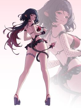 1girl absurdres animal_ears ass black_hair black_one-piece_swimsuit black_sarong breast_curtains breasts choker clenched_teeth commentary_request fishnet_sleeves fishnets from_behind full_body gradient_background green_eyes high_heels highres jane_doe_(nocturne_of_light)_(zenless_zone_zero) jane_doe_(zenless_zone_zero) korean_commentary long_hair looking_at_viewer looking_back medium_breasts mouse_ears mouse_girl mouse_tail o-ring o-ring_choker official_alternate_costume one-piece_swimsuit red_one-piece_swimsuit retto_7b sarong sharp_tail solo swimsuit tail tail_around_own_leg teeth two-tone_one-piece_swimsuit zenless_zone_zero zoom_layer