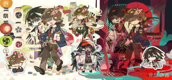 ... 2boys :d absurdres black_hair black_necktie black_shoes blue_jacket brown_sweater chibi closed_eyes closed_mouth commission double-parted_bangs food full_body green_eyes green_hair green_pants gun hair_between_eyes highres holding holding_food holding_gun holding_weapon jacket lantern long_sleeves male_focus meimei_(wakamoid) mihuashi_username multiple_boys multiple_views necktie open_clothes open_jacket open_mouth original pants shoes short_hair smile spoken_ellipsis standing sweater thank_you twitter_username weapon wing_collar