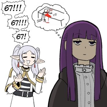 Rule 34 | 2girls, 67 (meme), :3, :d, :|, = =, black coat, blood, blunt bangs, capelet, closed mouth, coat, commentary, dress, earrings, elf, english commentary, expressionless, fern (sousou no frieren), frieren, grey hair, gun, hands up, jewelry, jitome, long hair, long pointy ears, long sleeves, meme, multiple girls, open clothes, open coat, open mouth, parted bangs, pointy ears, purple eyes, purple hair, shirt, simple background, smile, sousou no frieren, speech bubble, striped clothes, striped shirt, table, teardrop earrings, thought bubble, twintails, wanderjegson, weapon, white background, white capelet, white dress