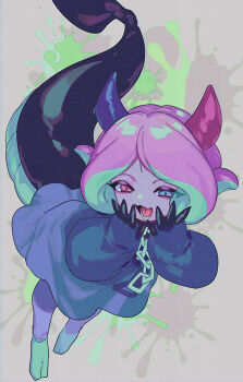 Rule 34 | 1girl, :d, absurdres, aqua hair, asymmetrical horns, bemani, black claws, blue eyes, blue horns, chain, claws, commentary request, dress, elem (pop'n music), fang, film grain, full body, grey background, heterochromia, highres, horns, long sleeves, looking at viewer, lower teeth only, mismatched horns, monster girl, multicolored hair, open mouth, pantyhose, pink hair, pop'n music, purple dress, purple pantyhose, red eyes, red horns, short hair, signature, skin fang, smile, solo, teeth, two-tone hair, yuungai yuzuko